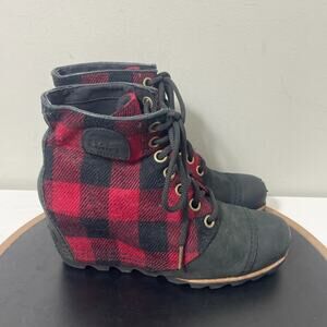 Sorel Wedge Boots Women 9 Plaid Lace Up Waterproof NL2796-089 Red Black‎ Buffalo